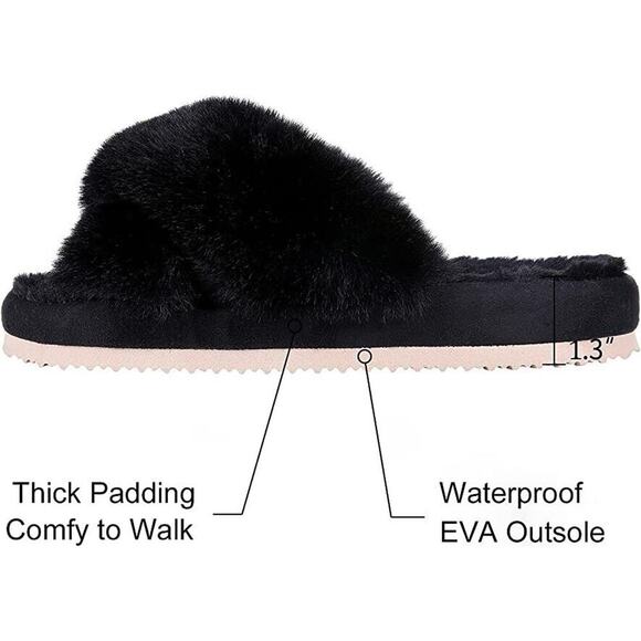 NEW Steve Madden Faux Fur Fuzzy Criss Cross Slip On Slippers Women's 5-6 BLACK - Picture 3 of 9